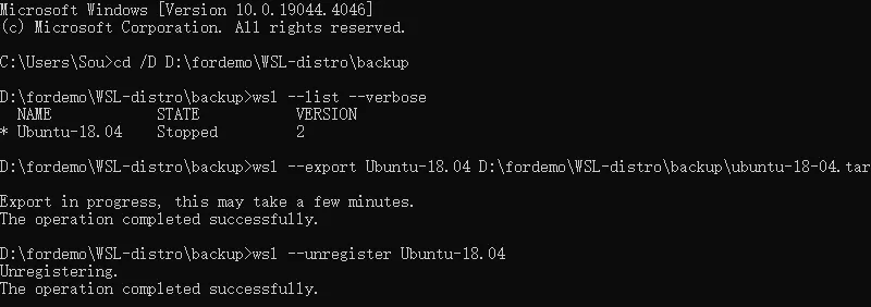 WSL export and unregister