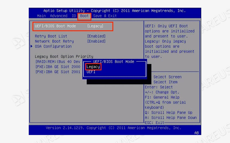 change boot mode to legacy