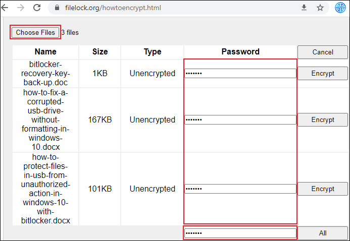 Upload files to File Lock and set password