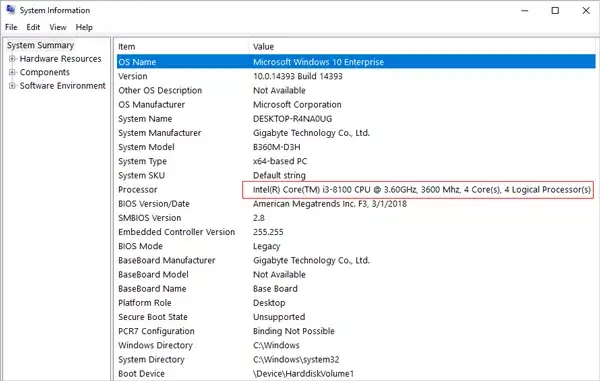 check cpu specs in system information