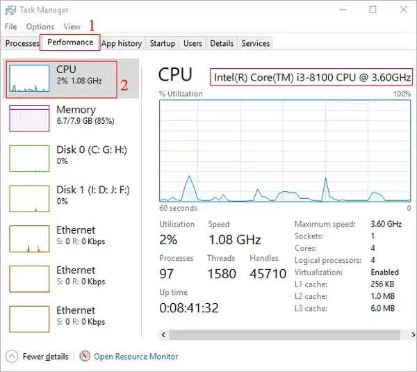 check cpu specs in task manager