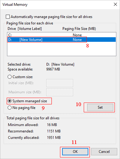 set pagefile to d drive