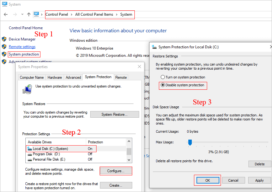 step to disable system restore