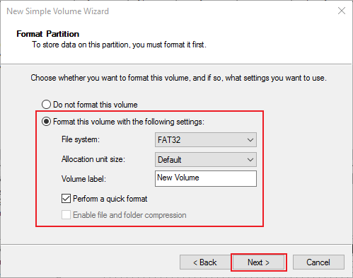 format this volume with the following settings