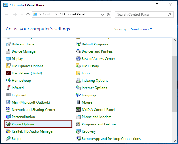 power option in control panel