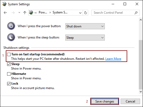 uncheck turn on fast startup recommended
