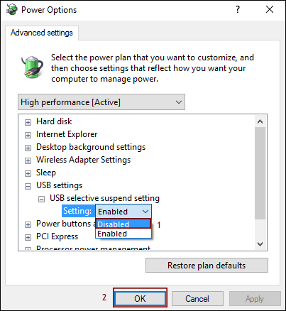 usb selective suspend setting disabled