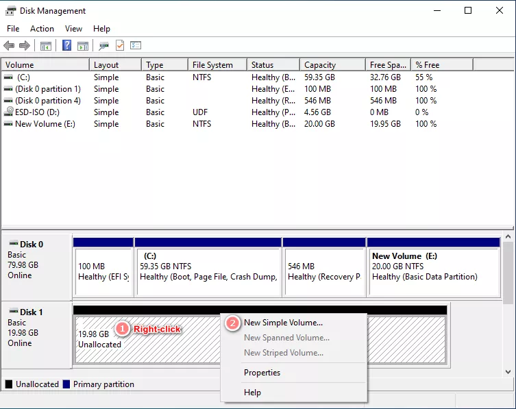 add new hard disk new simple volume