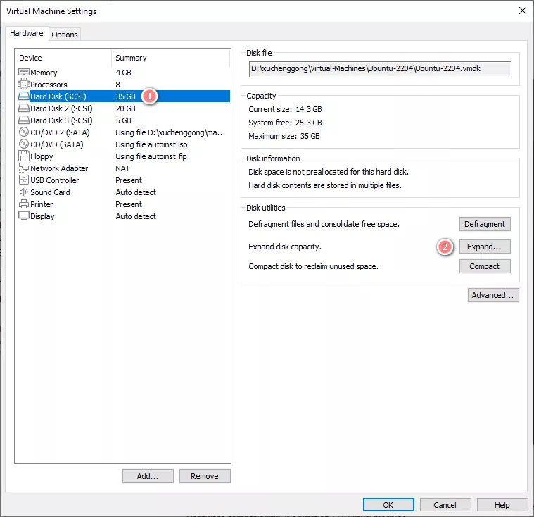 expand current disk space in vmware