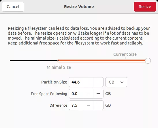 ubuntu expand current disk free space resize select optimal size