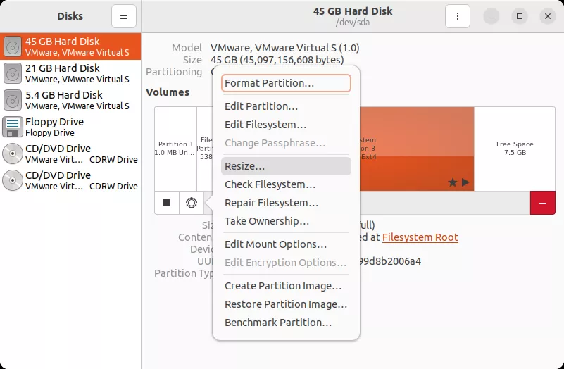 ubuntu expand current disk free space resize