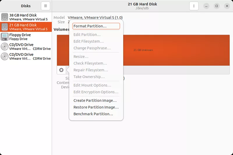 ubuntu in disks select format partition