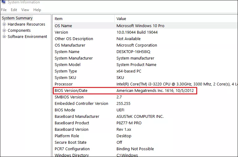 check bios version in system information