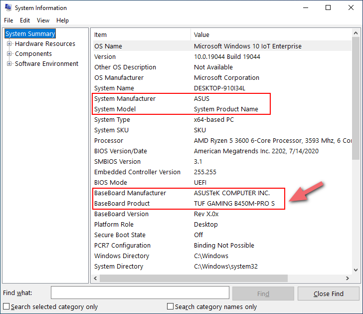 check motherboard model in Baseboard product field of system information