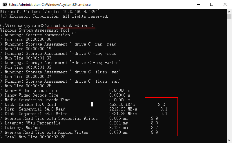 run winsat disk -drive command