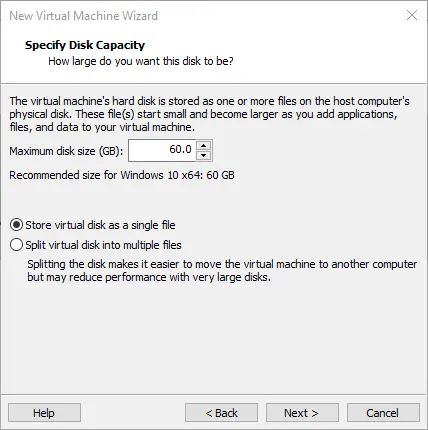 specify disk capacity and store virtual disk as a single file