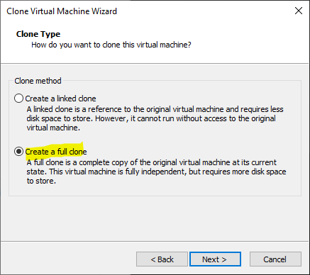 clone virtual machine wizard clone type