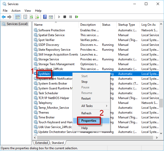 sysmain properties