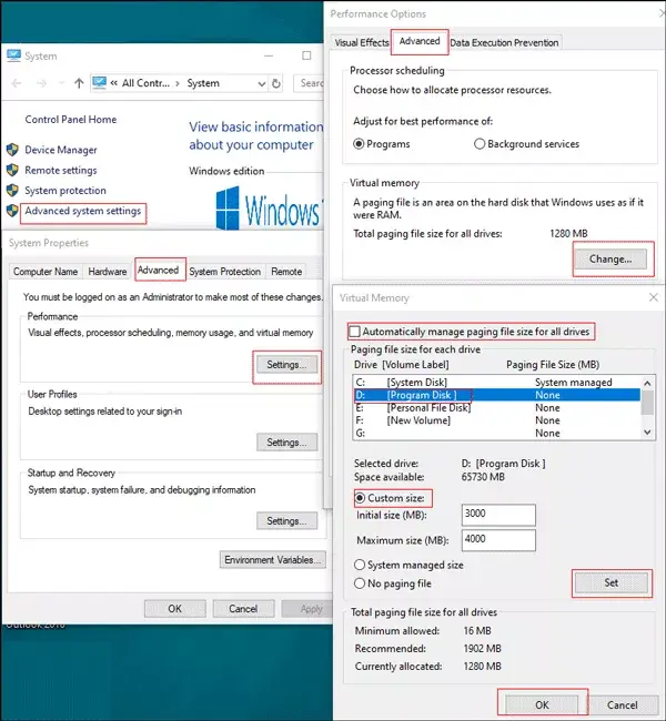 set the path of paging file