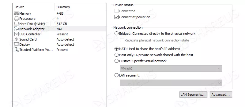 network connection type VMware