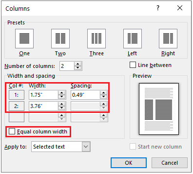 width and spacing