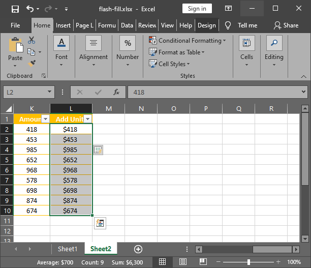 Add unit to all data with flash fill