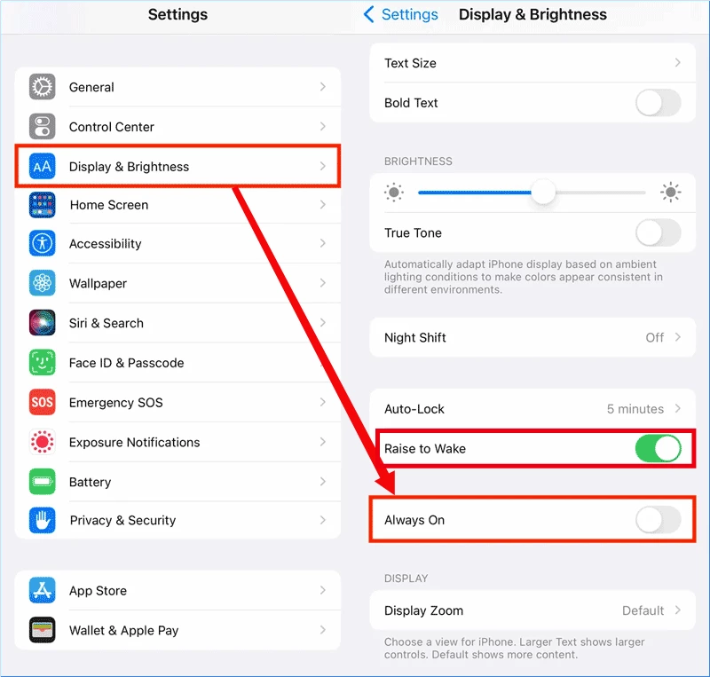 turn off always on display and raise to wake