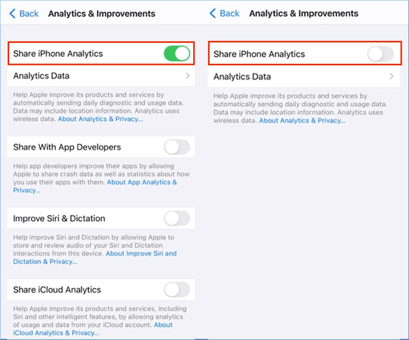 turn off analytics and improvements