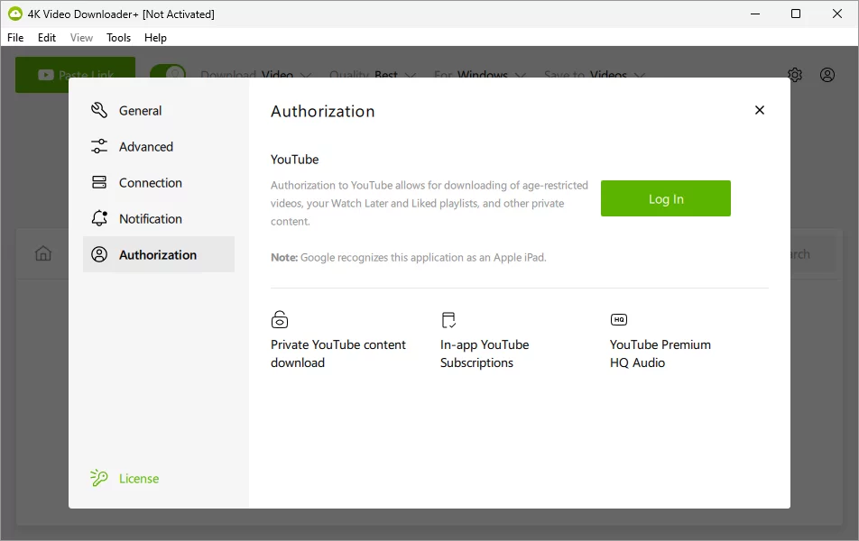 4k video downloader settings authorization