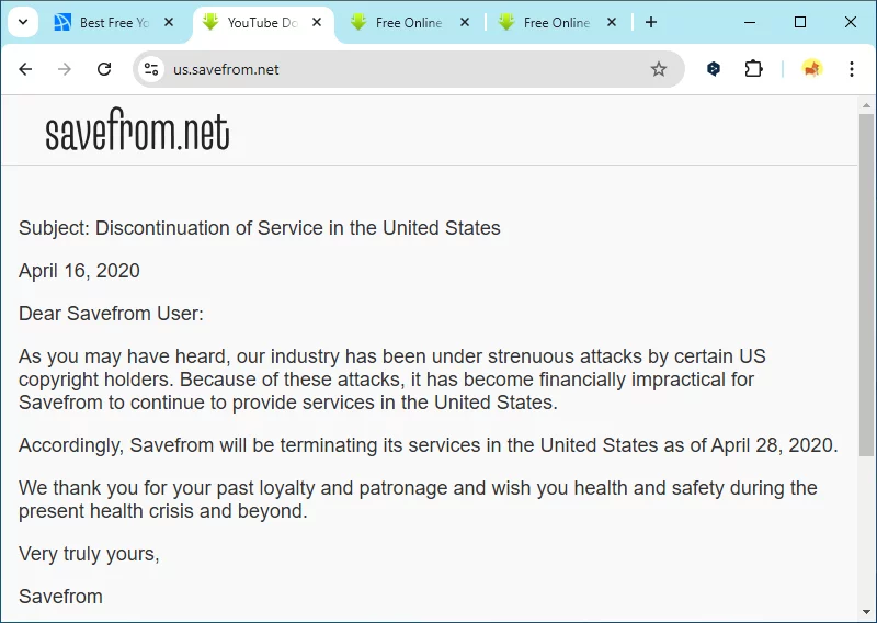 savefrom.net terminated service in United States