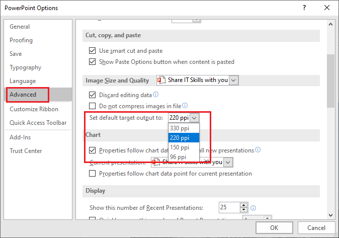 powerpoint options image advanced settings