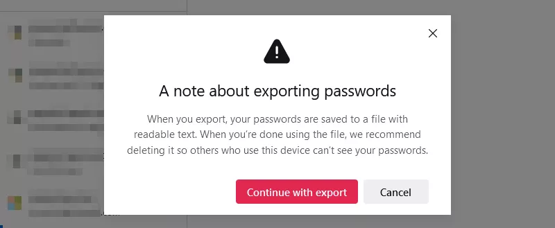 A note about exporting password