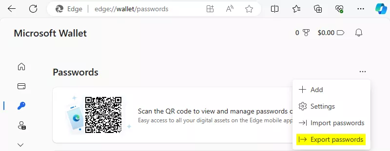 Edge export passwords