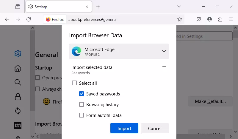 Firefox import from Edge