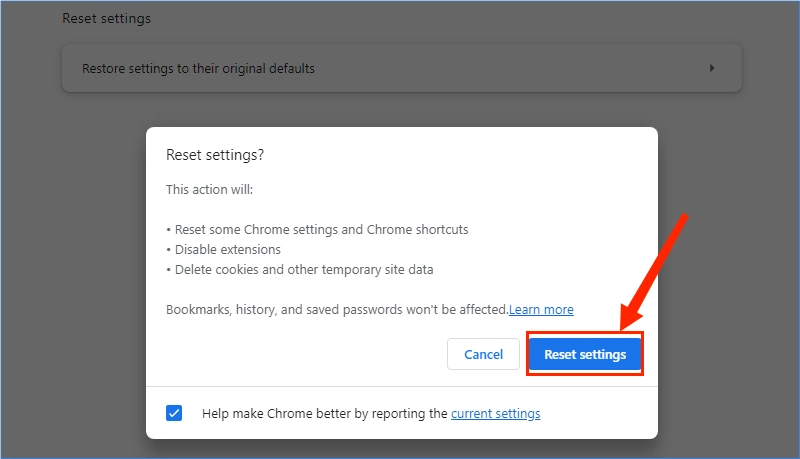 reset chrome settings to factory default