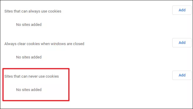 check sites that can never use cookies