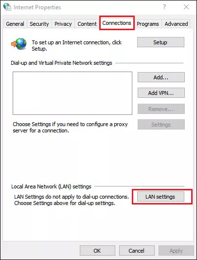 click lan settings