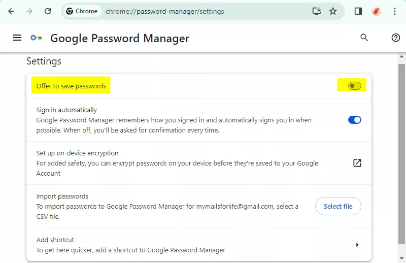 Chrome toggle off Offer to save passwords