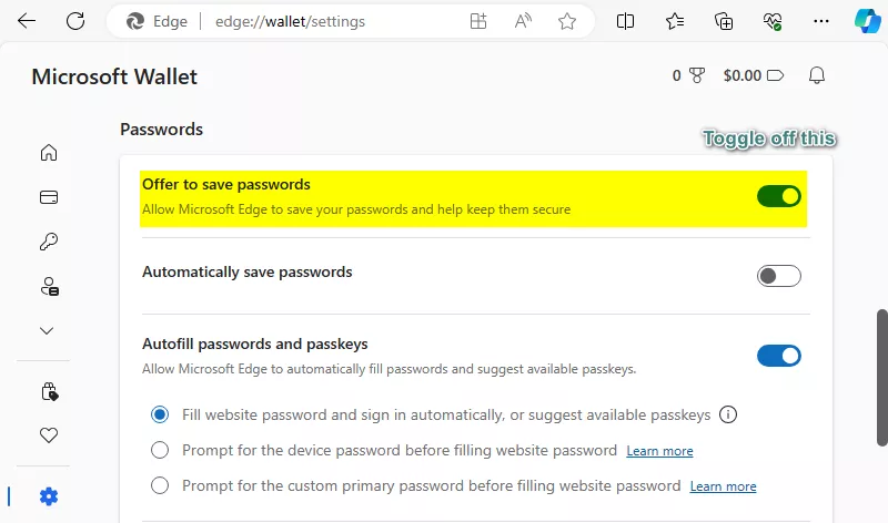 Edge disable save passwords