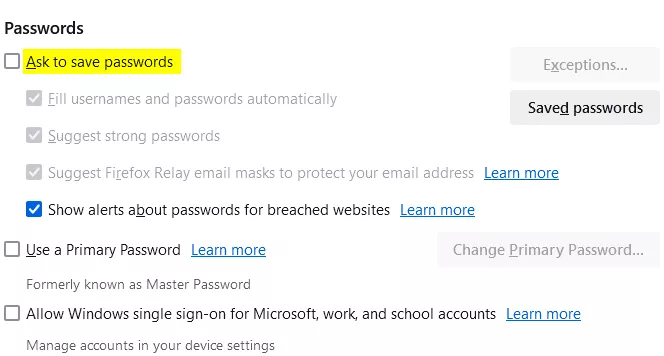 Firefox disable save passwords