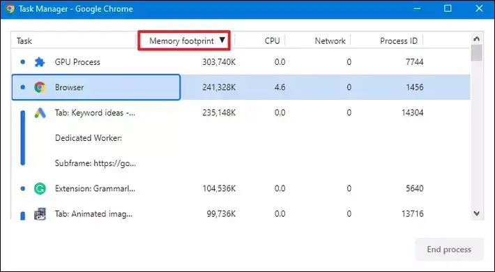 click on memory footprint