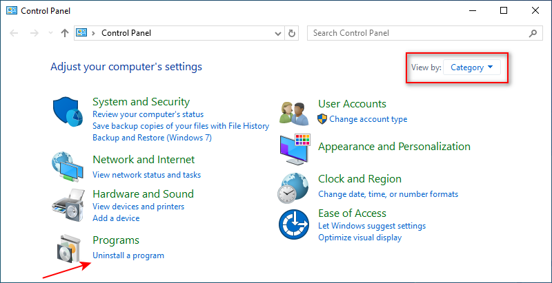 Win10 Control Panel uninstall a program