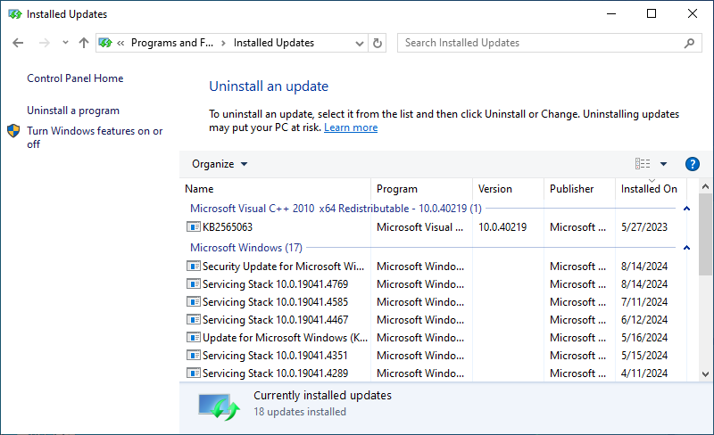 Win10 Control Panel update history