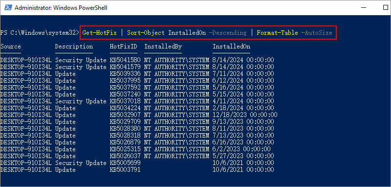 Win10 PowerShell get hotfix