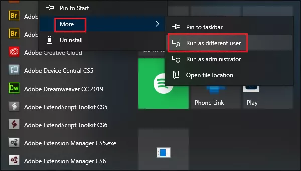 check option in start menu