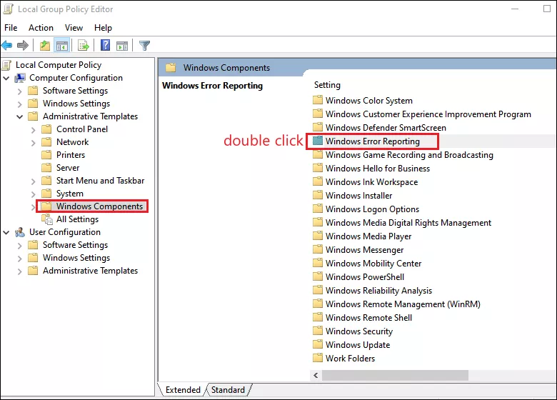 double click windows error reporting folder