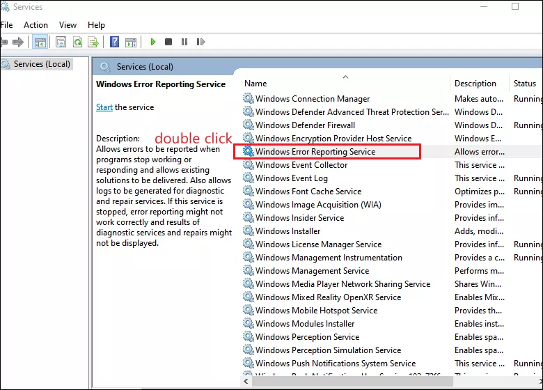 double click windows error reporting service