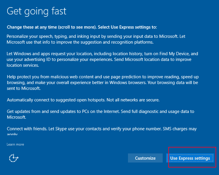 install windows use express setting