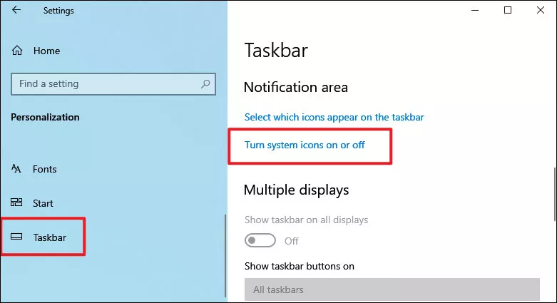 click on turn system icons on or off