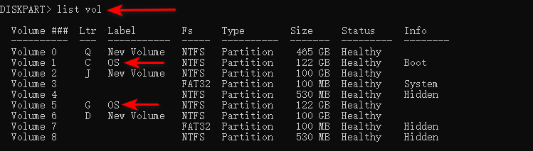 diskpart list vol command